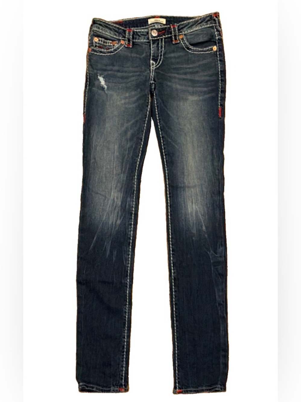 True Religion Stella Low Rise Skinny Stacked Jeans Red Stitch 26 NWOT